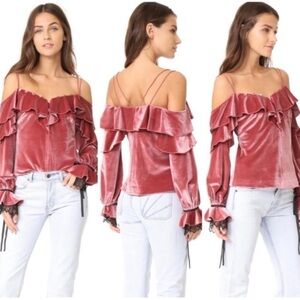 Self Portrait Velvet Off the Shoulder Long Sleeve Top in Piek Pink
